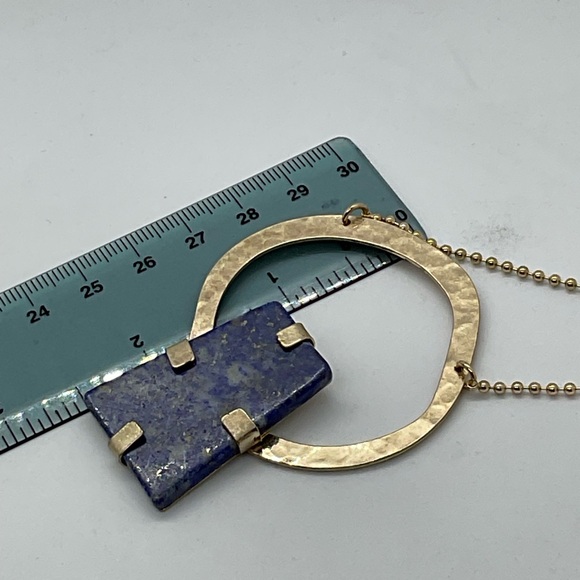 Lapis lazuli chunk modernist pendant in gold tone ball chain blue necklace - Picture 2 of 11